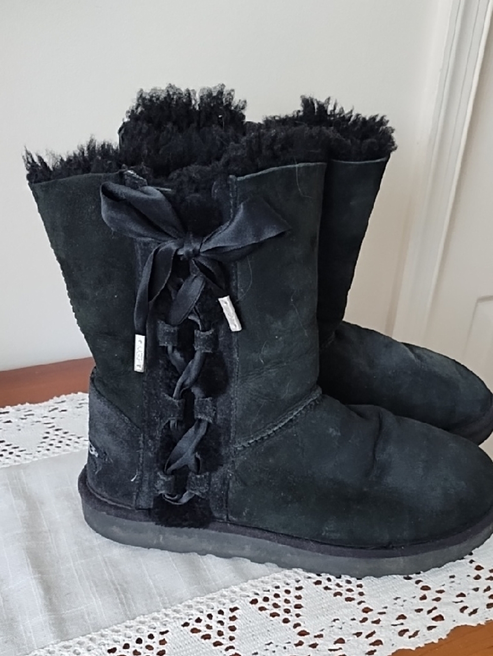 UGG Black Suede Lace-Up Shearling Mid-Calf Boots